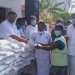 Mr Karti P Chidambaram while distributing essential items to Alangudi panchayat officials, sanitary workers and general public of Alangudi village.