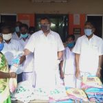 Mr Karti Chidambaram while distributing essential items to Keeramangalam Town Panchayat officials, sanitary workers and general public of Alangudi village.