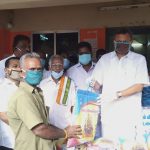 Mr Karti Chidambaram while distributing essential items to Keeramangalam Town Panchayat officials, sanitary workers and general public of Alangudi village.