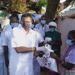 Mr Karti P Chidambaram while distributing essential items to Vadakadu Panchayat officials, sanitary workers and general public of Alangudi village.