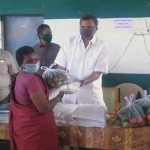 Mr. Karti Chidambaram while distributing essential items to Manamadurai Town Panchayat officials and sanitary workers of Manamadurai village today. 