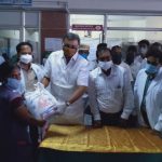 Mr Karti Chidambaram along with Sivagangai District Collector while distributing essential items to the officials and sanitary workers of Sivagangai Medical College on 11.05.2020.