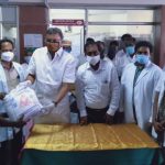 Mr Karti Chidambaram along with Sivagangai District Collector while distributing essential items to the officials and sanitary workers of Sivagangai Medical College on 11.05.2020.