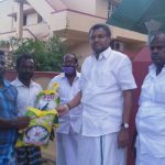 Mr. Karti Chidambaram while distributing essential items to floor mat and basket weavers in  Kalayar Kovil village on 13.5.2020