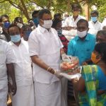 Karti P Chidambaram, on 03.06.2020, distributed essential relief items to the drama artists, nadhaswaram artists, physically challenged and weavers at R.M. Meyyappa Chettiar School at Keelasevalpatti Village.