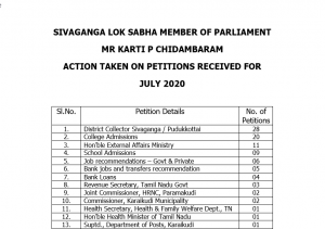 SIVAGANGA LOK SABHA MEMBER OF PARLIAMENT MR KARTI P CHIDAMBARAM ACTION TAKEN ON PETITIONS RECEIVED FOR JULY 2020 -1