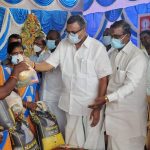 Mr Karti P Chidambaram, MP, Sivaganga, on behalf of Sri Meentachi Sundareswarar Higher Secondary School, Keelaseevalpatti, distributed essential items to the fro