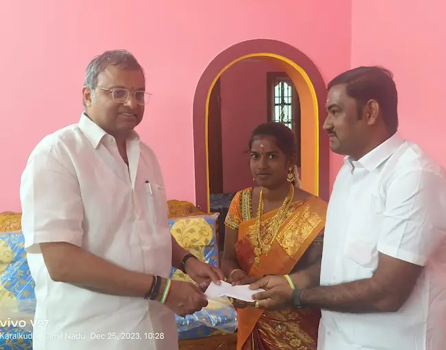 Mr Karti P Chidambaram, Member of Parliament, Sivaganga constituency, visited the marriage function of Mr Periasamy, Member - AICC, Karaikudi Legislative Assembly, on 25.12.2023 and blessed the young couple.