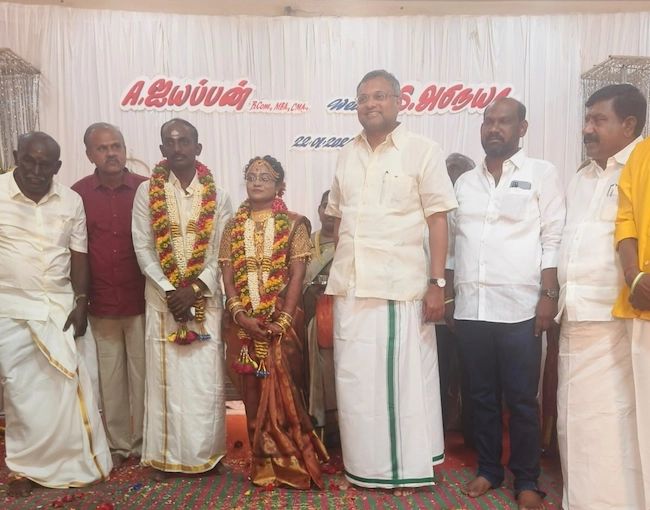 Mr Karti P Chidambaram, Member of Parliament, Sivagangai, along with his father, Thiru P Chidambaram, attended the wedding of Thiru Arivanandam's son in Madurai on 22.01.2024 and blessed the newly weds.